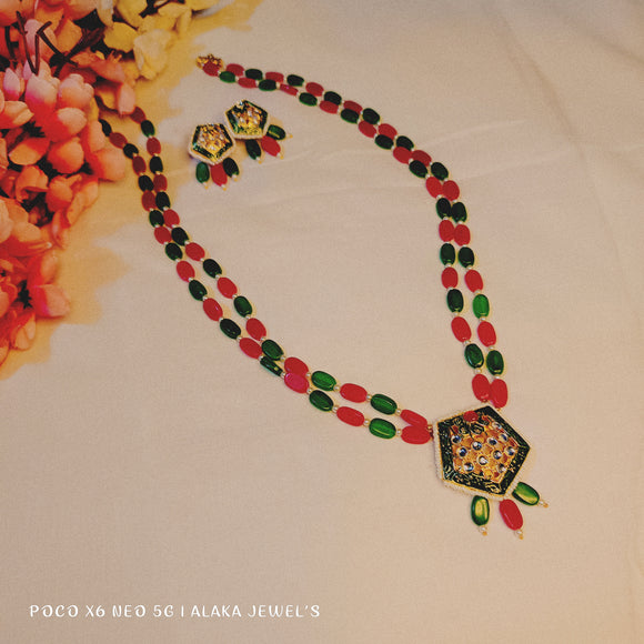 Regal Emerald Ruby Kundan long necklace Set